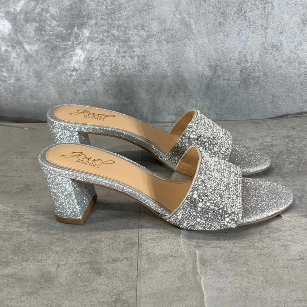 Jewel Badgley Mischka Women's Silver Glitter Della Rhinestone Sandals SZ 6.5